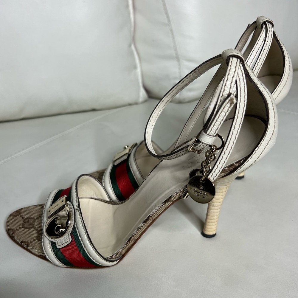 Authentic Gucci Heels with Lock & Key Charms on Ankle Straps